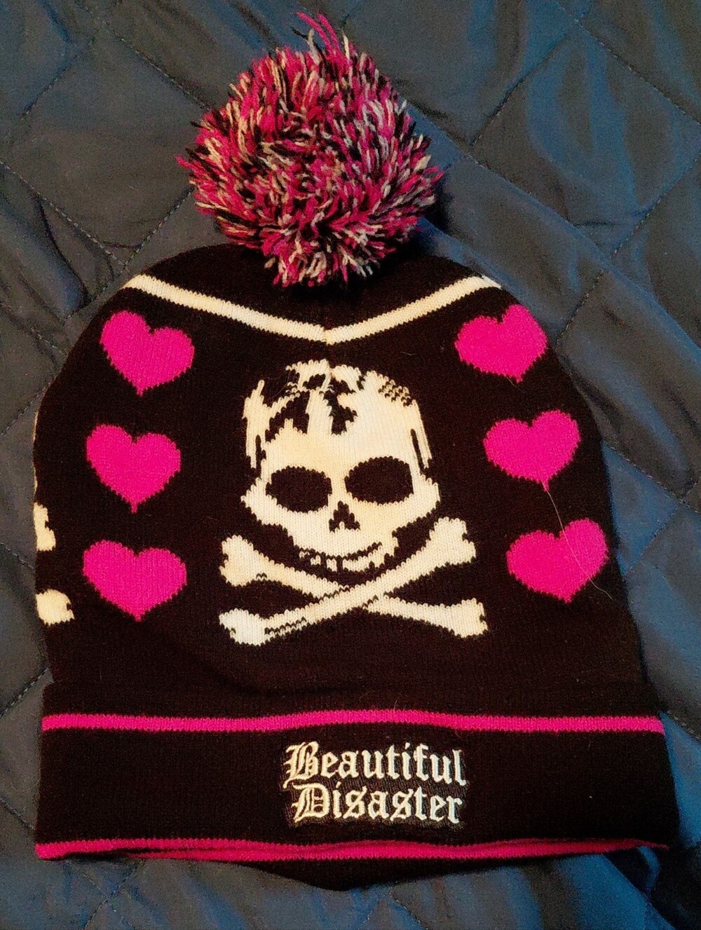 Kids Black & Pink Skull Heart Pom Pom Beanie